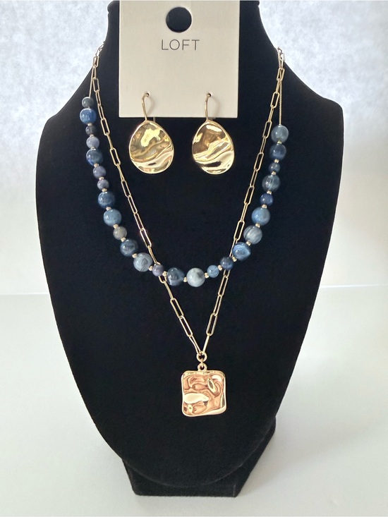 LOFT Jewelry - NWT LOFT SET Blue Beaded Hammered Necklace & Hammered Earrings
